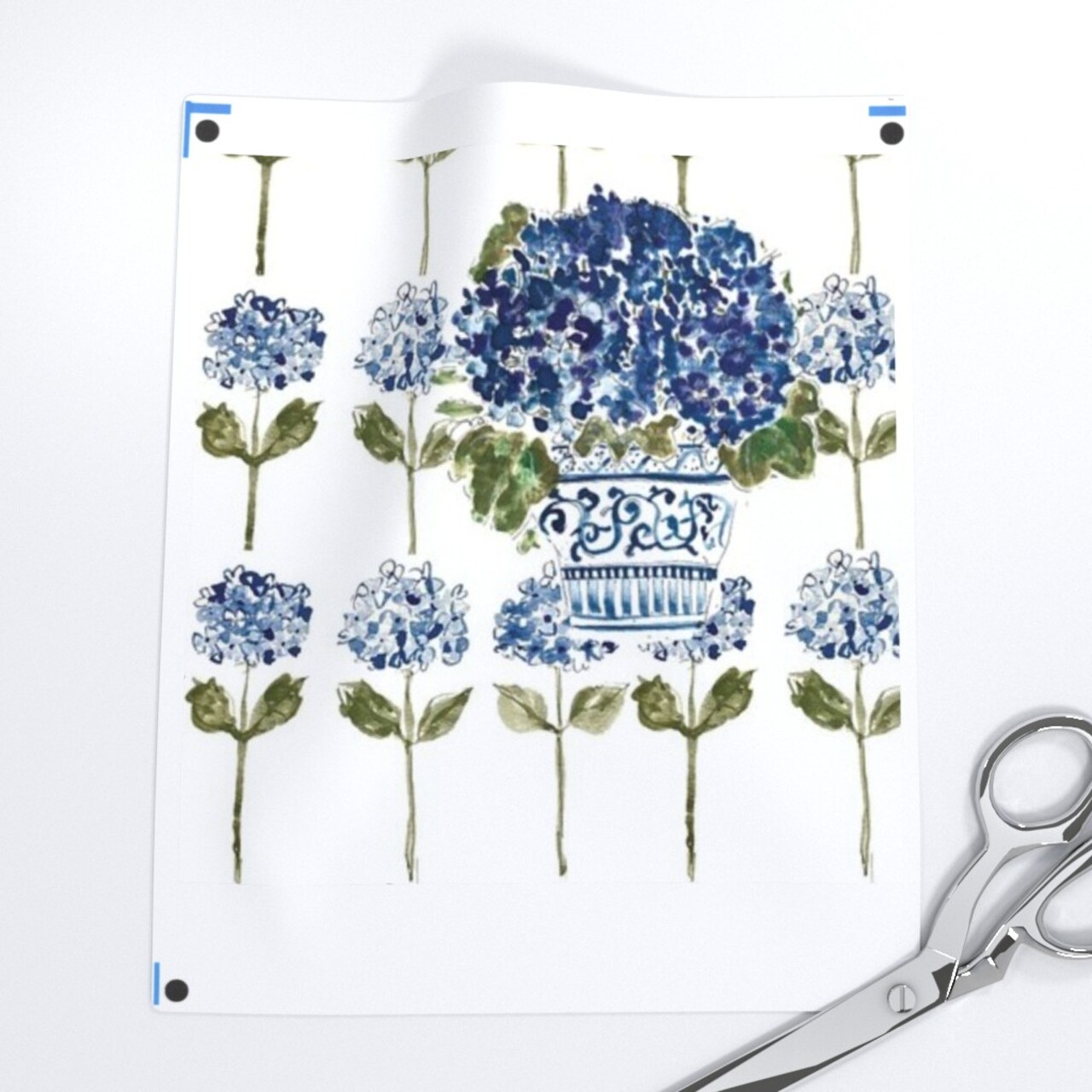 Blue French Country Garden Party Hydrangea Floral Chinoiserie Botanical Ginger Jar Watercolor Custom Printed Fabric by Spoonflower Various Fabrics by the Yard or Fat Quarter